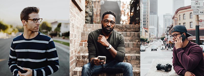 Three men wearing blue light glasses in different city backgrounds